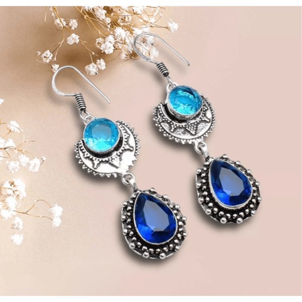 Sophisticated Tanzanite Blue Topaz Handmade Drop Dangle Earrings  2.08"